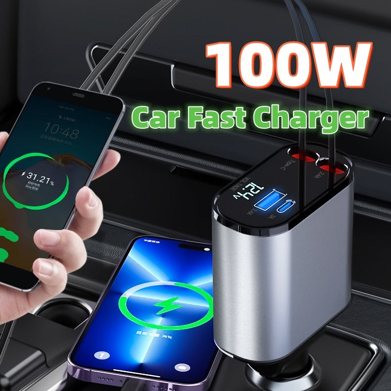 100W Metal Car Charger – USB & Type-C Fast Charging